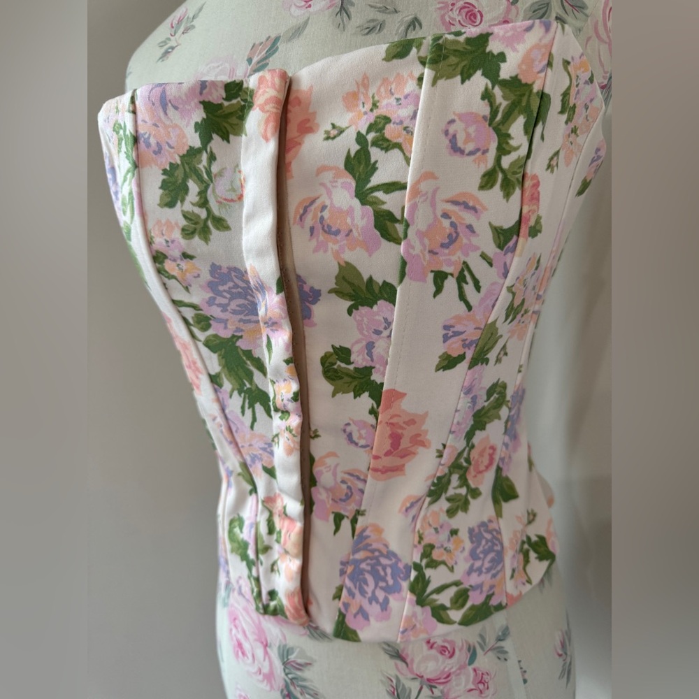 Zara Floral Strapless Corset Top in Pink with Green Accents - Picture 3 of 16